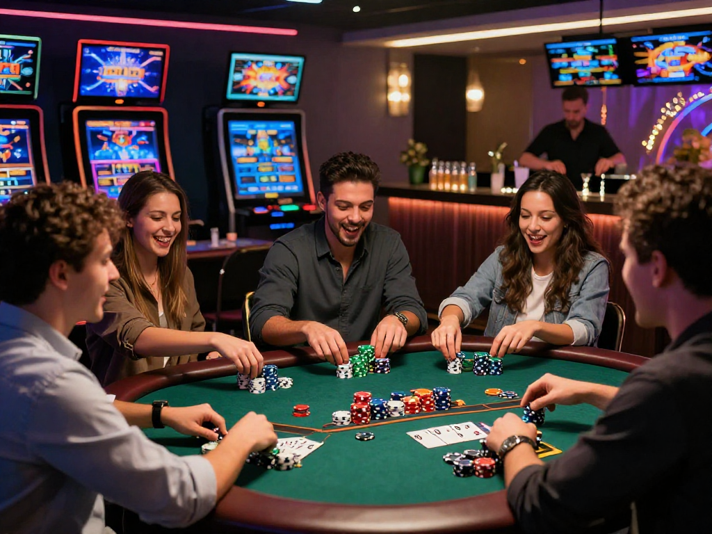 Giocatori entusiasti nei casino italiani non AAMS mentre partecipano a un gioco di blackjack, atmosfera vivace e divertente.