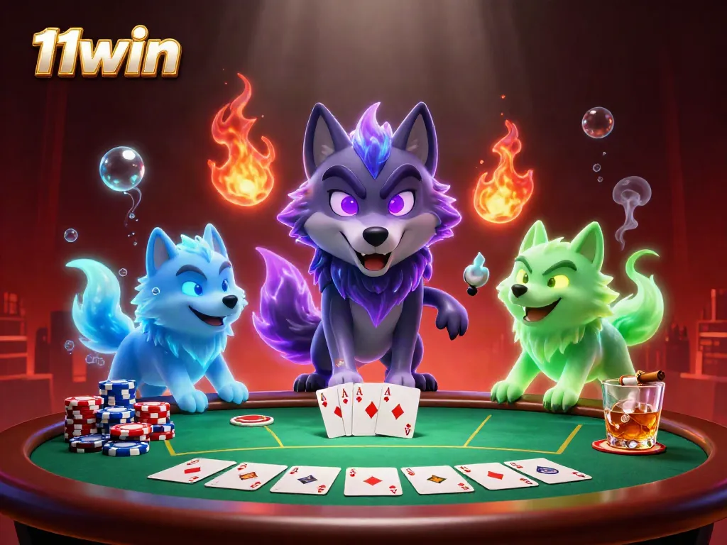Experience the thrill of 11win with a vibrant poker scene, showcasing spectral wolves and poker elements.