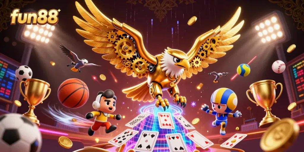 Experience fun88 with a vibrant 3D casino scene showcasing an eagle diving through dynamic sports elements.