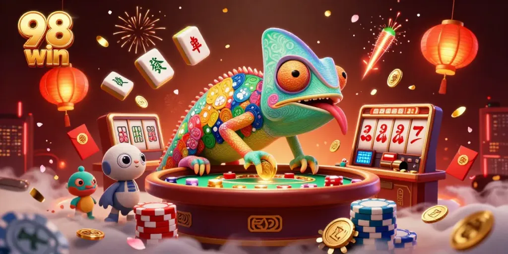 Experience vibrant gameplay action with 98 win at this dynamic casino illustration featuring a colorful chameleon.