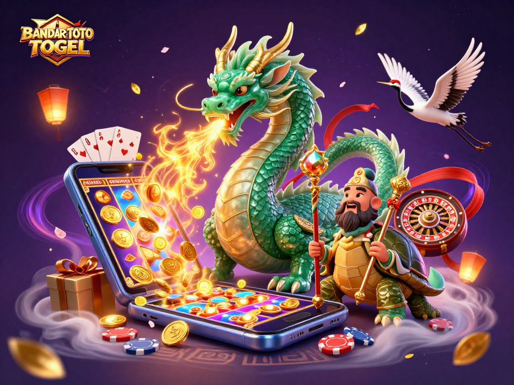 BANDAR TOTO TOGEL highlights the thrilling gaming scene with a dragon, turtle sage, and lucky cranes.