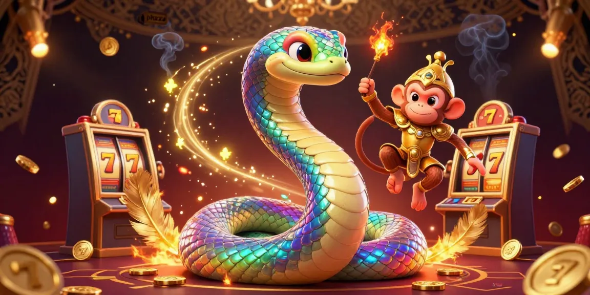 Engage with phzzz at the casino with a vibrant scene featuring lucky symbols and a rainbow serpent.