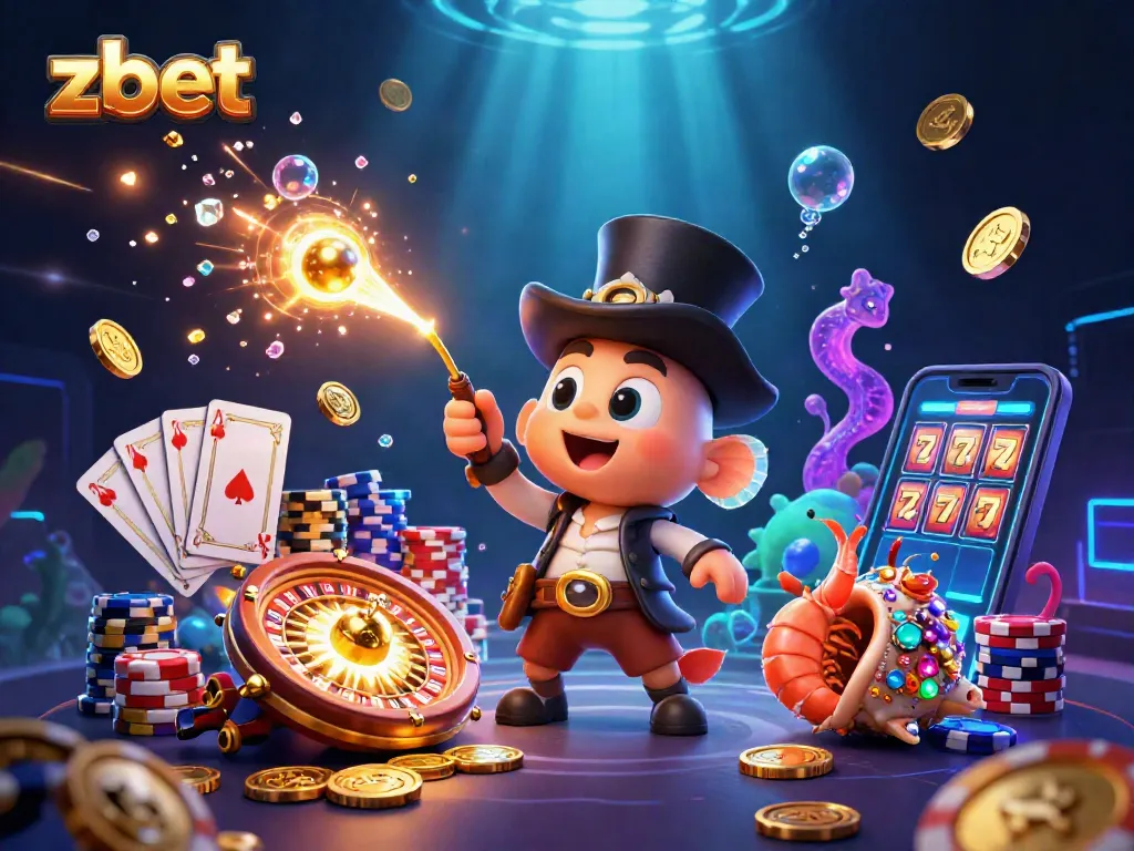 Zbet's casino adventure features vibrant 3D characters attracting golden coins and showcasing thrilling gambling elements.