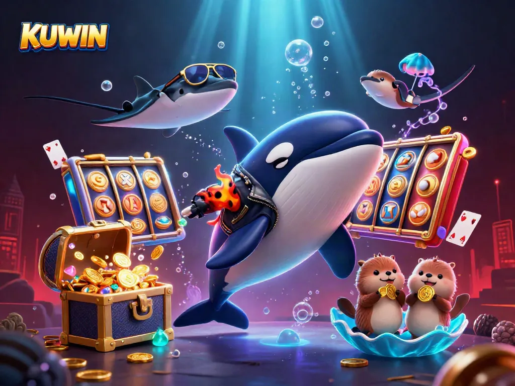 Experience thrilling gambling action with KUWIN featuring a jumping orca and otters holding coins.