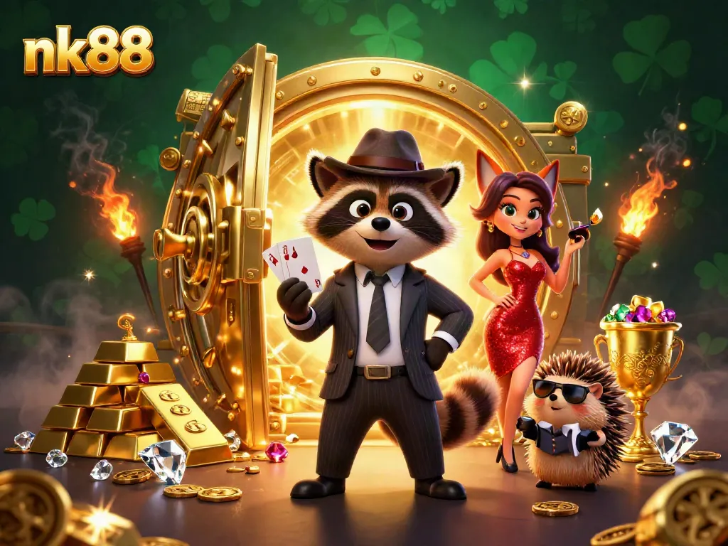 Experience nk88 with a stylish raccoon enjoying a royal flush amidst treasures and rich casino elements