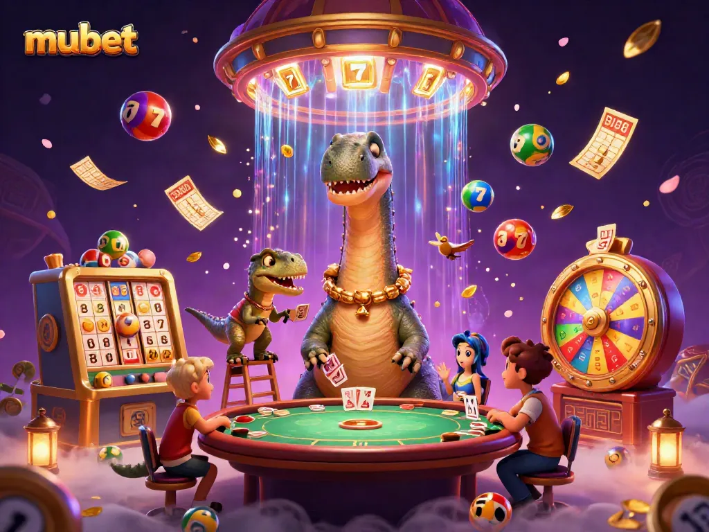 Engage with mubet excitement as a dinosaur checks poker games while lottery balls and slots swirl around.