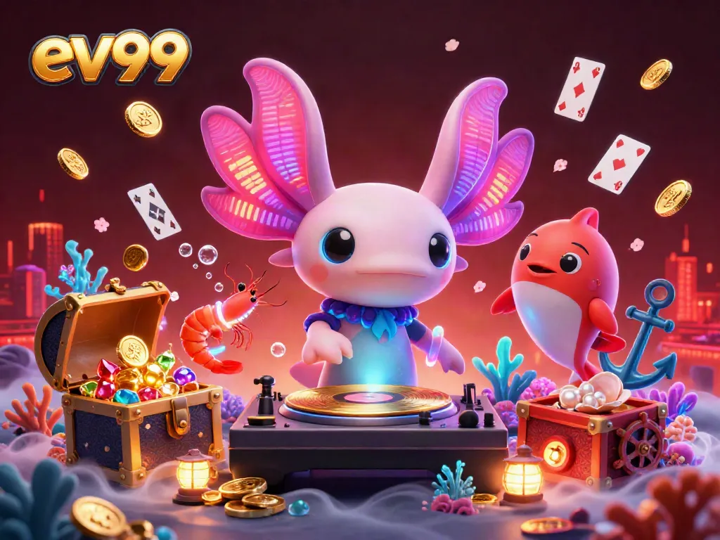 Engage in lively underwater gaming vibes with ev99, featuring vibrant axolotl DJ and treasure bursts.