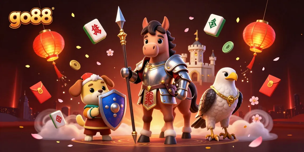 Join the excitement of go88 with a knight, a puppy, and a falcon amidst vibrant casino elements.