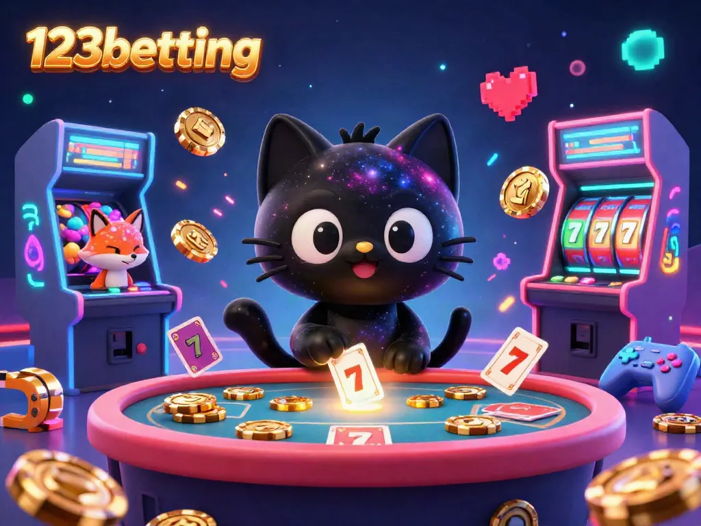 Engage in 123betting excitement with a cosmic casino featuring a black hole cat and slot elements.
