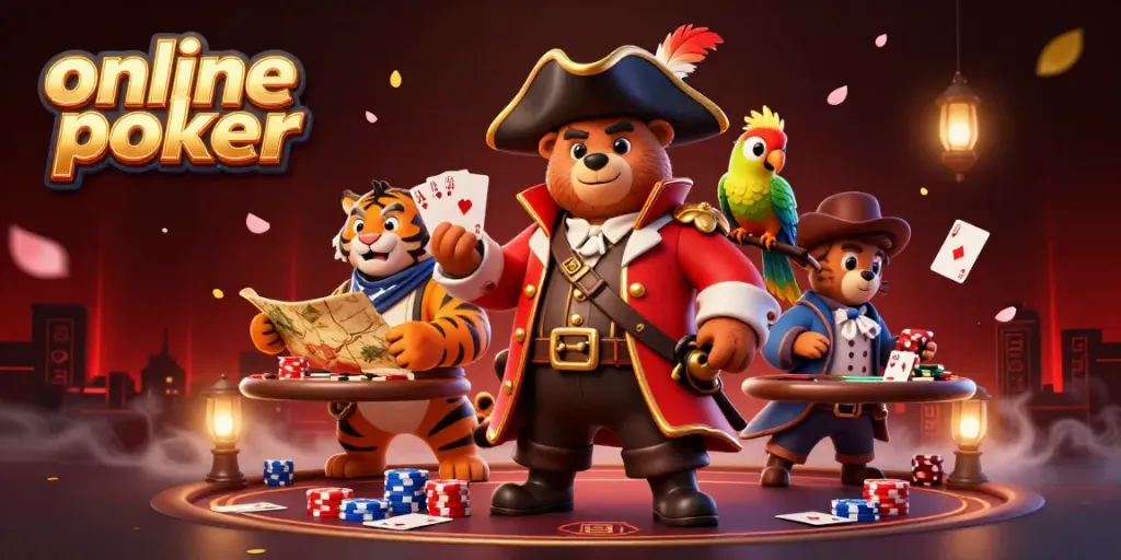 Engage in exciting online poker action with vibrant 3D characters, chip stacks, and cards in an animated casino scene.