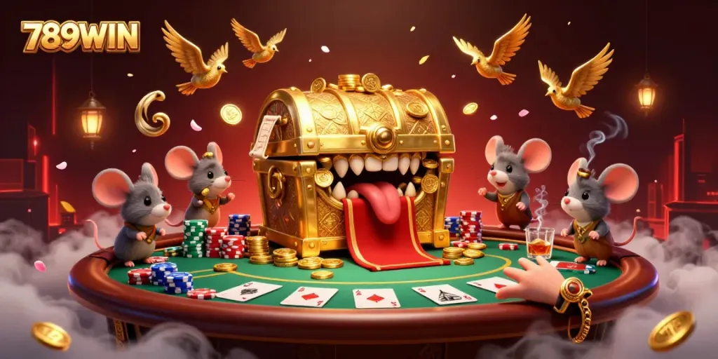 Engage in thrilling adventures at 789WIN with mice lured by riches from a golden treasure chest amidst poker excitement.