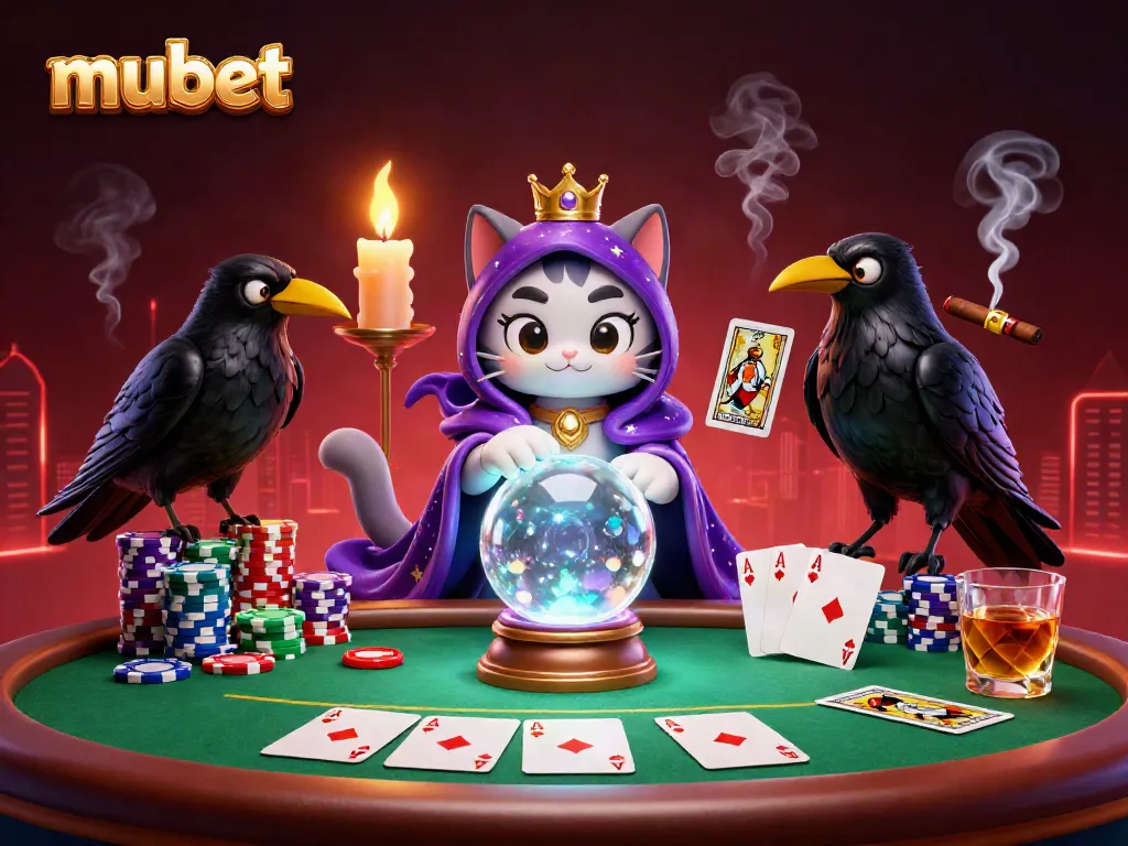 Engaging scene showcasing mubet with a mystical cat, raven, poker elements, and cinematic flair.