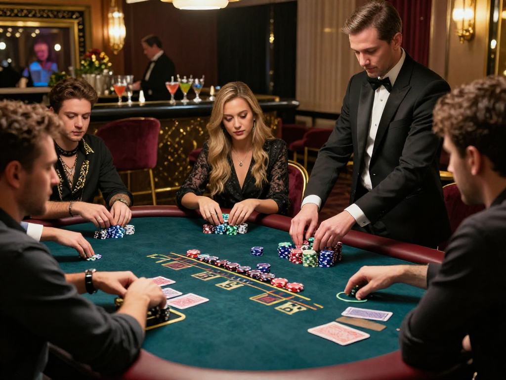 Giocatori ai casinò italiani non AAMS mentre si divertono a poker in un ambiente lussuoso e coinvolgente.