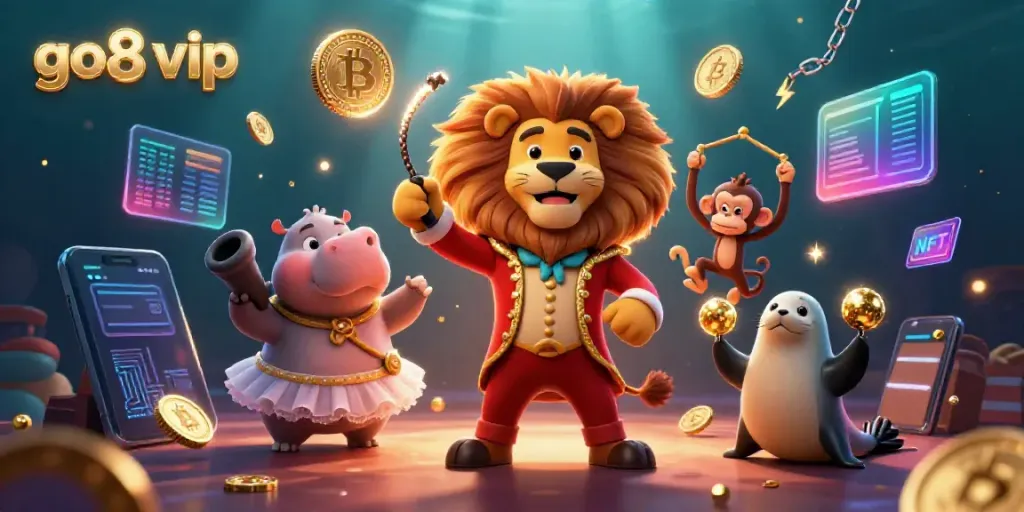 Engage with go8 vip through an exciting 3D circus-themed digital casino illustration featuring fantastic characters.