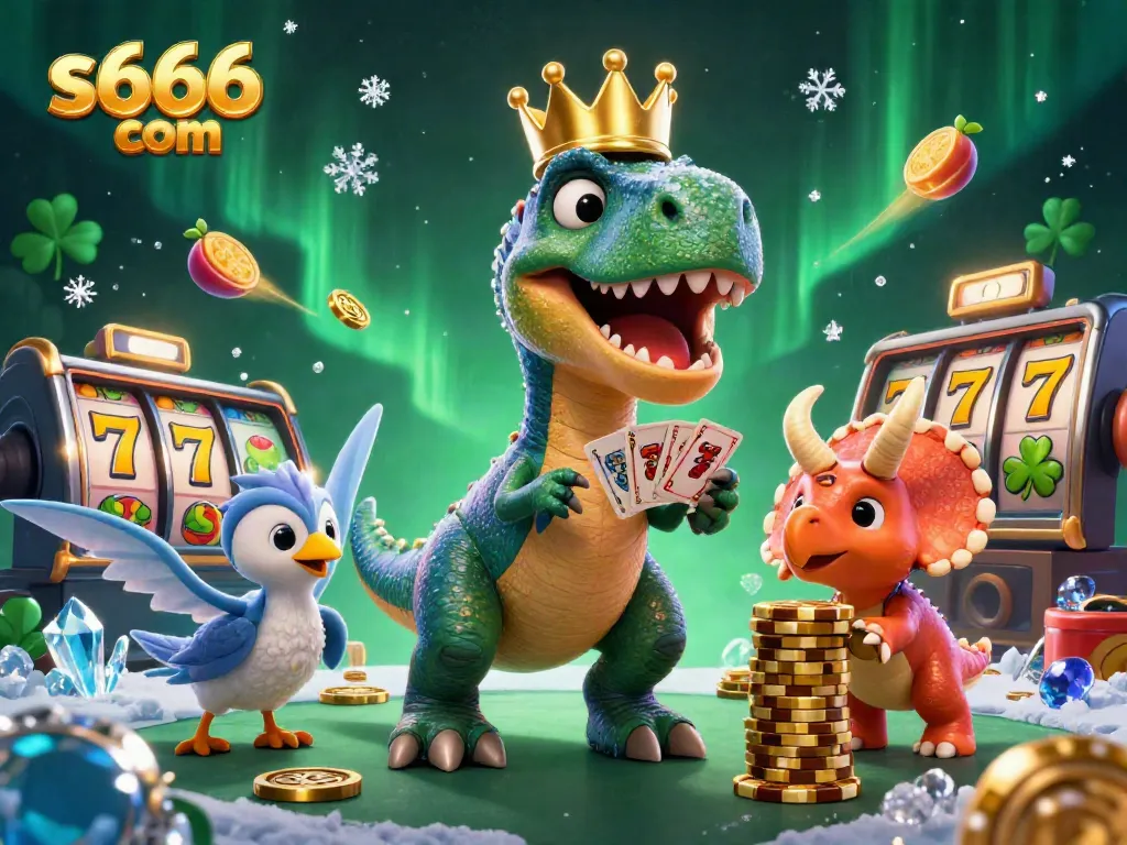 Experience the thrilling world of s666 com with a playful casino-themed illustration featuring a T-Rex, pterodactyl, and triceratops.