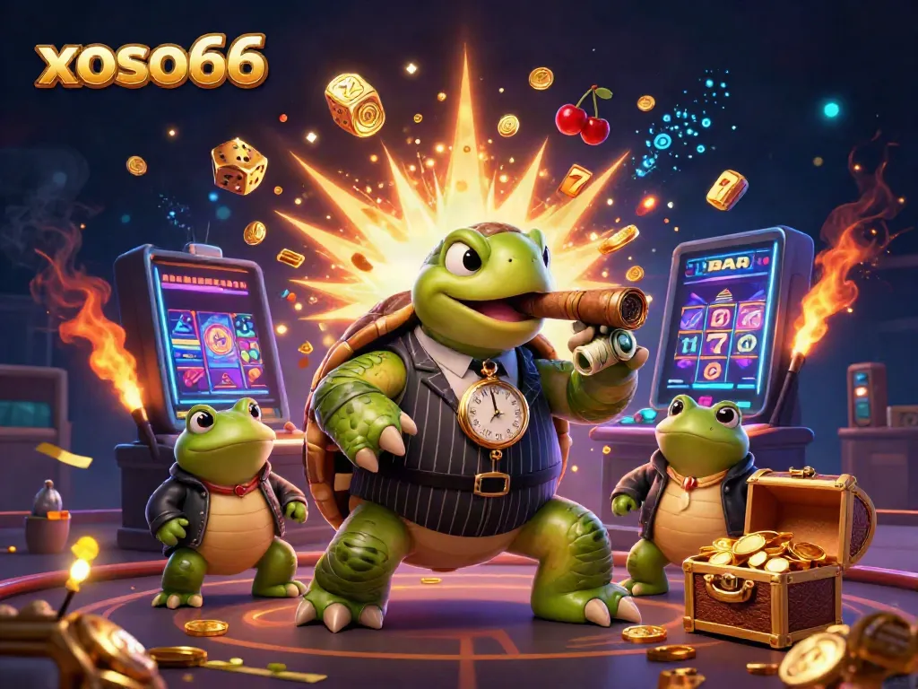 Engage with xoso66's immersive casino experience featuring a snapping turtle and bullfrogs in a vibrant, jackpot-filled scene.