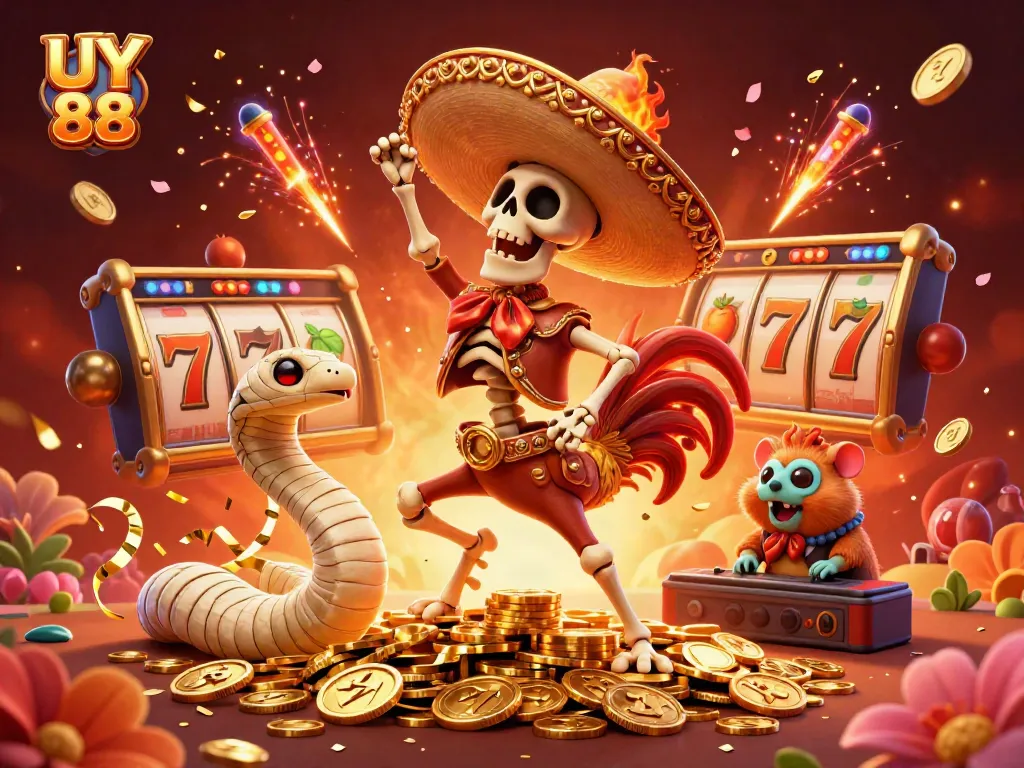 Experience thrilling jackpots with UY 88 as skeleton mariachi and friends celebrate in a vibrant casino scene.