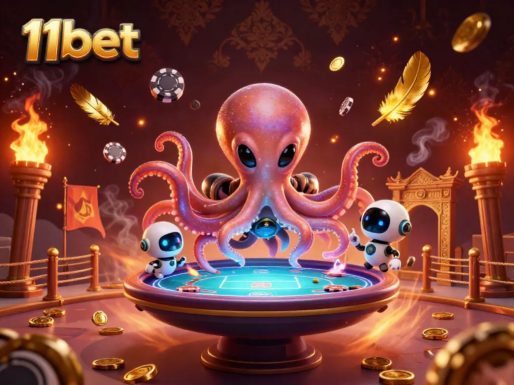 Engage in thrilling poker action at 11bet with a vibrant alien octopus and robot gaming.
