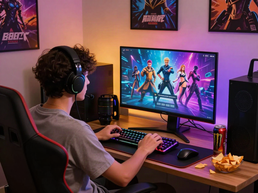 Engaging player immersed in a colorful porn game on a high-res monitor in a cozy gaming setup.
