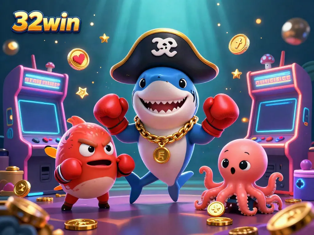Engage in fun gaming at 32win with a vibrant casino-themed 3D illustration featuring characters and game elements.
