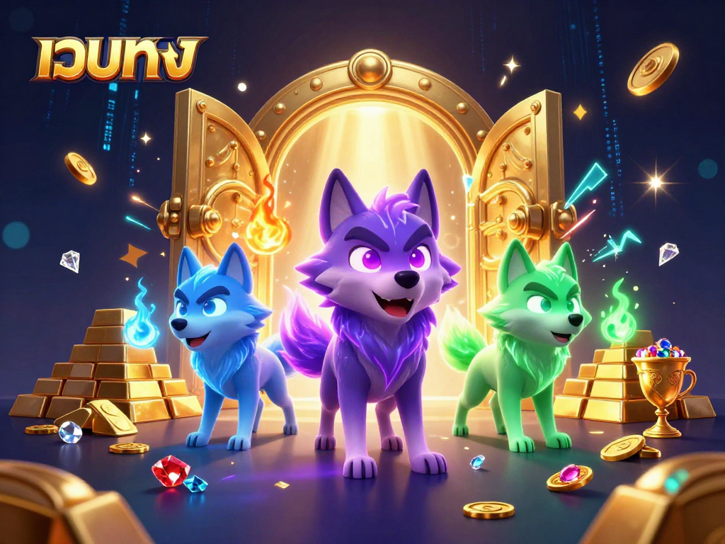 Experience เว็บตรง gaming excitement with ghostly wolves leading treasure-filled adventures in a vibrant 3D illustration.