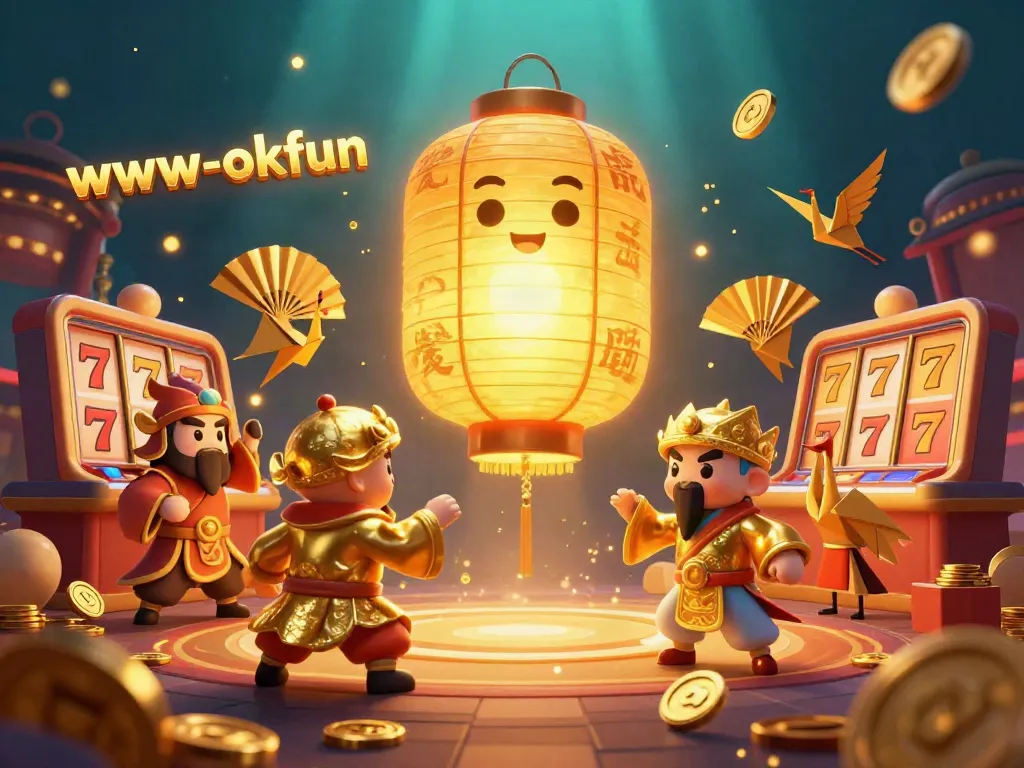 Experience thrilling excitement at www-okfun with animated golden lantern spirits in a vibrant casino setting.