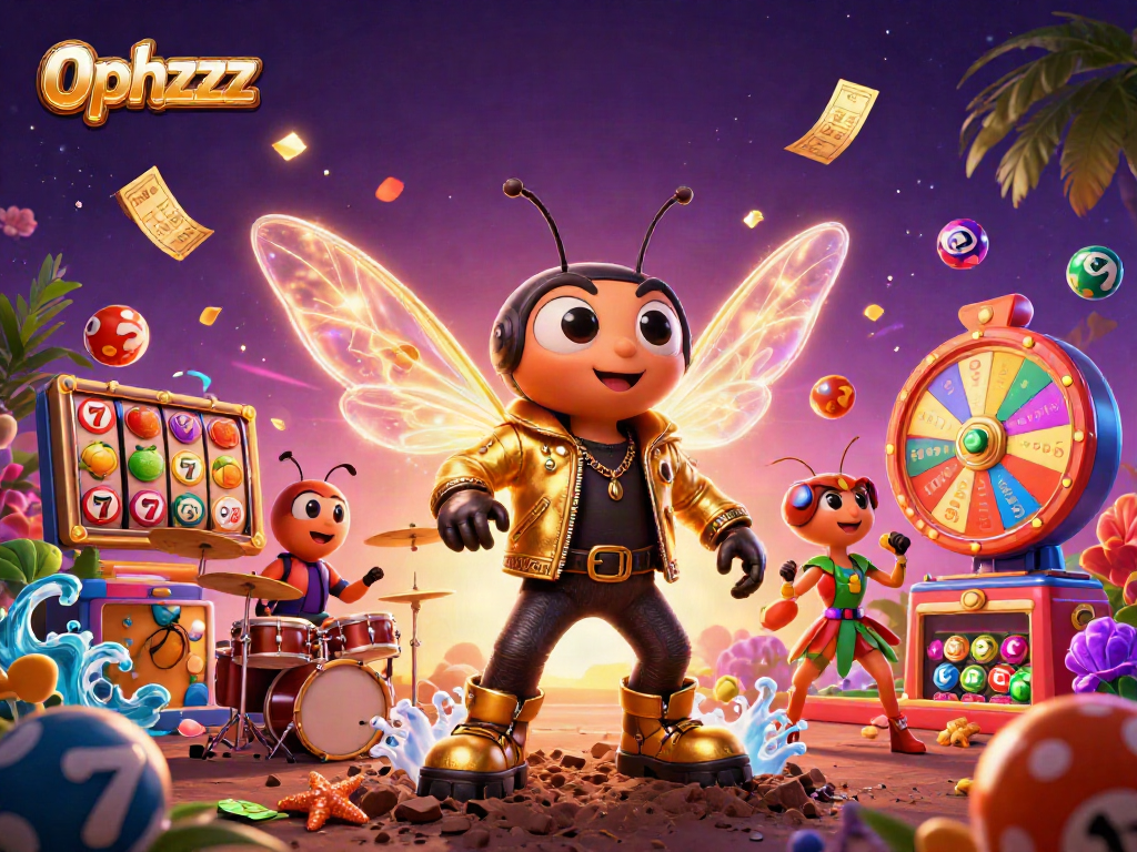 Experience the 0phzzz excitement with vibrant slot reels and lively characters in an energetic casino scene.