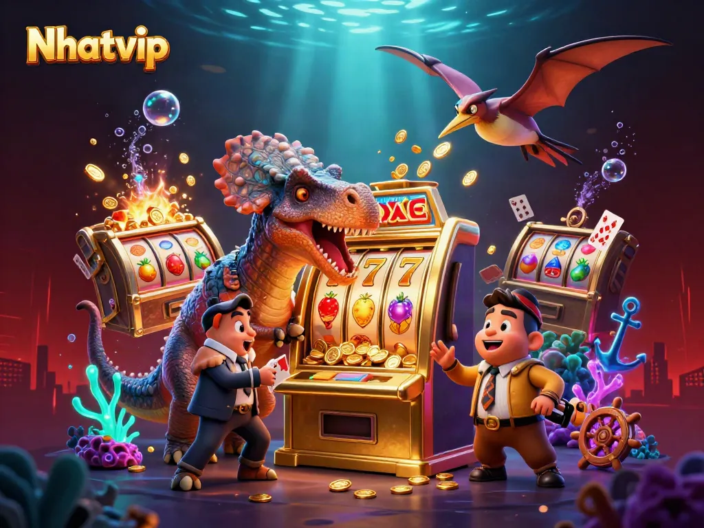 Nhatvip features a lively scene with a dinosaur hitting a slot machine, catching flying coins amidst colorful casino elements.
