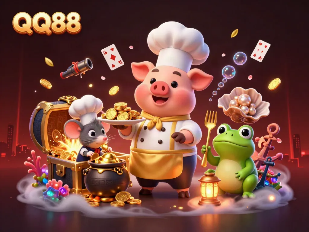 Experience the excitement of QQ88 with a chef pig serving gold coins among dynamic gambling elements.