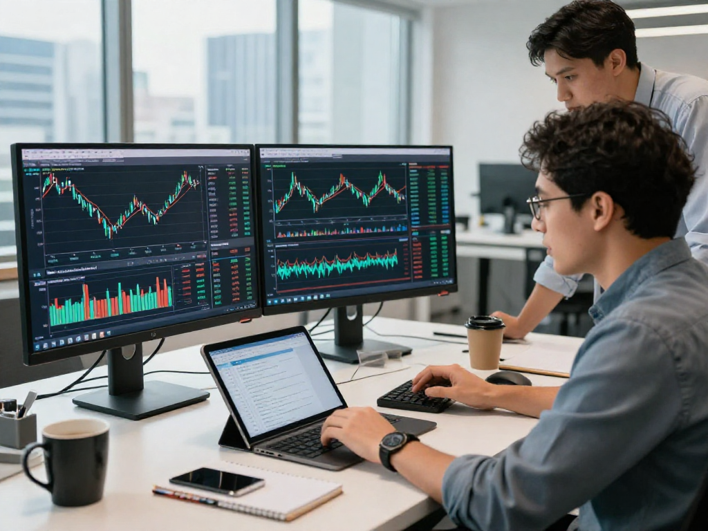Developers utilizing the German stock historical Kline API at a modern office workspace.