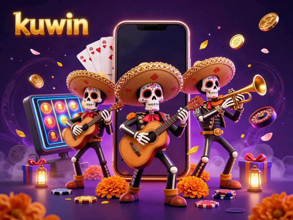 Join the festive kuwin gaming scene with colorful skeleton mariachi musicians, slot games, and vibrant casino elements.