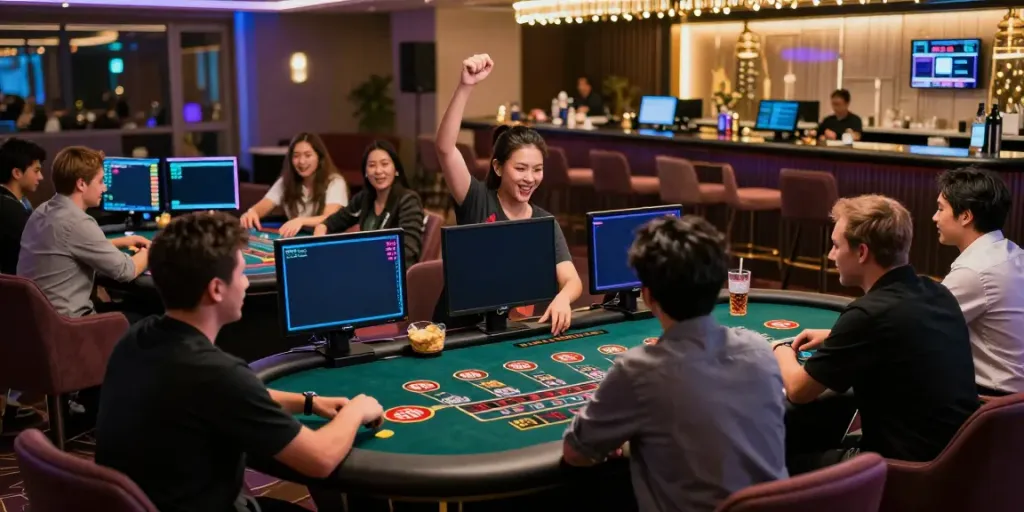 Intense gambling experience at https://man88pro.com/ with players engaged in live dealer games, vibrant atmosphere.