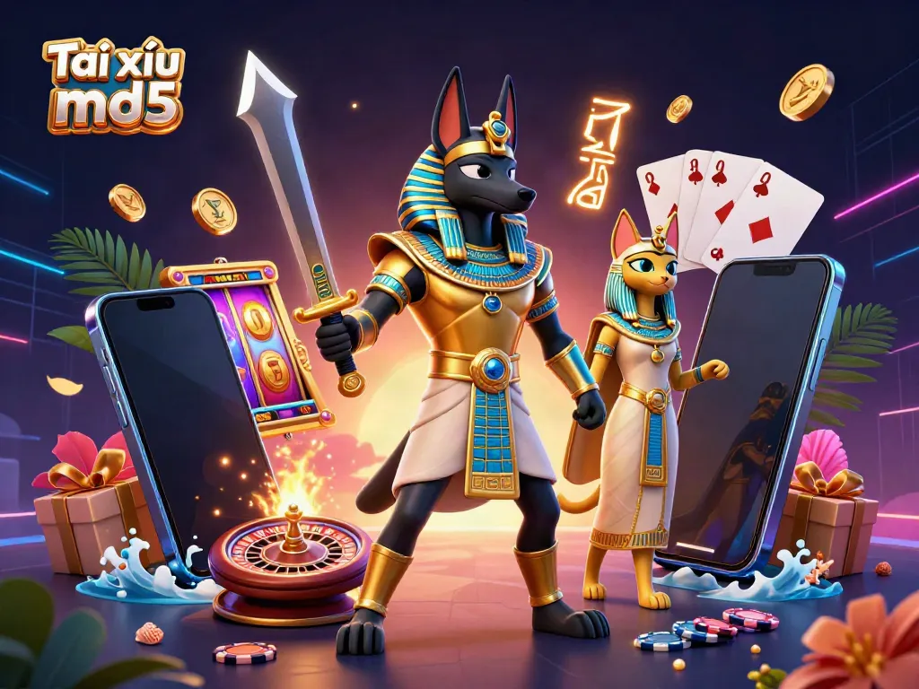 Tài xỉu md5 gameplay illustration featuring Anubis and Bastet amidst 3D casino elements, emphasizing vibrant engagement.