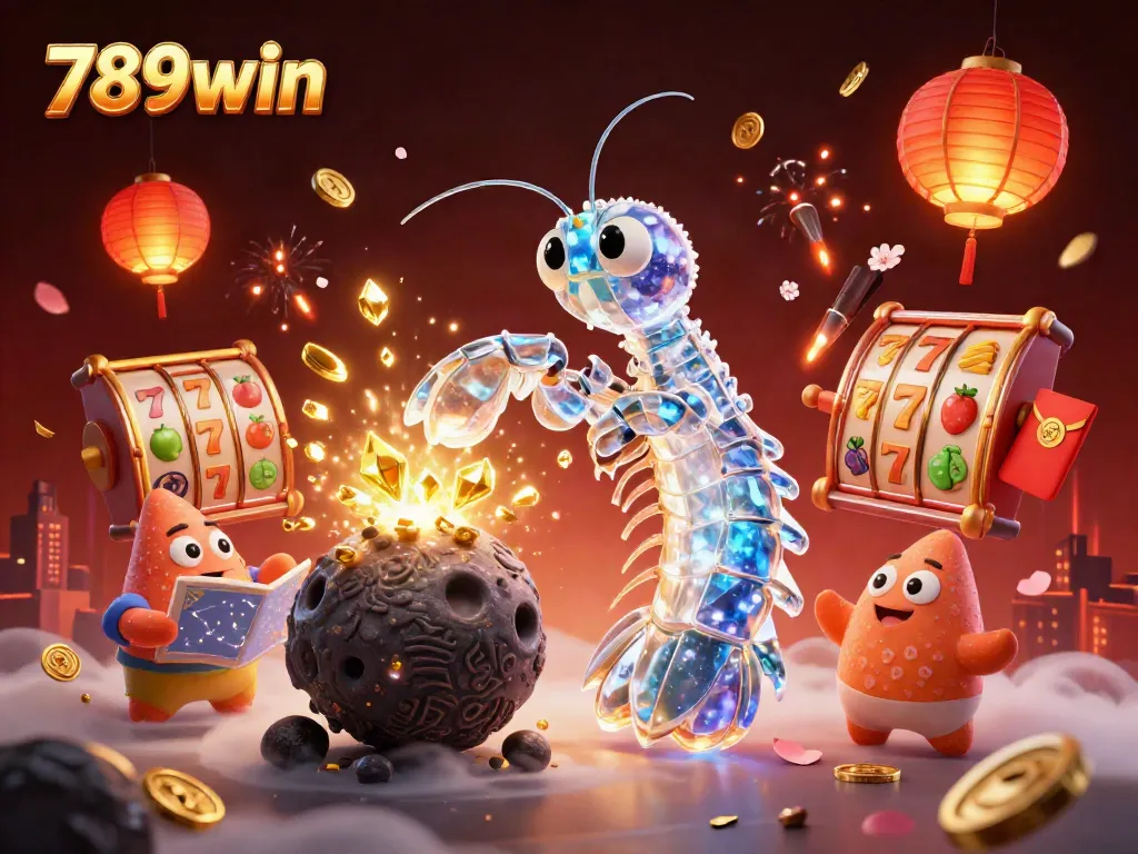 Engage in exciting gameplay with 789win featuring a galactic samurai mantis shrimp amidst treasures and festive elements.