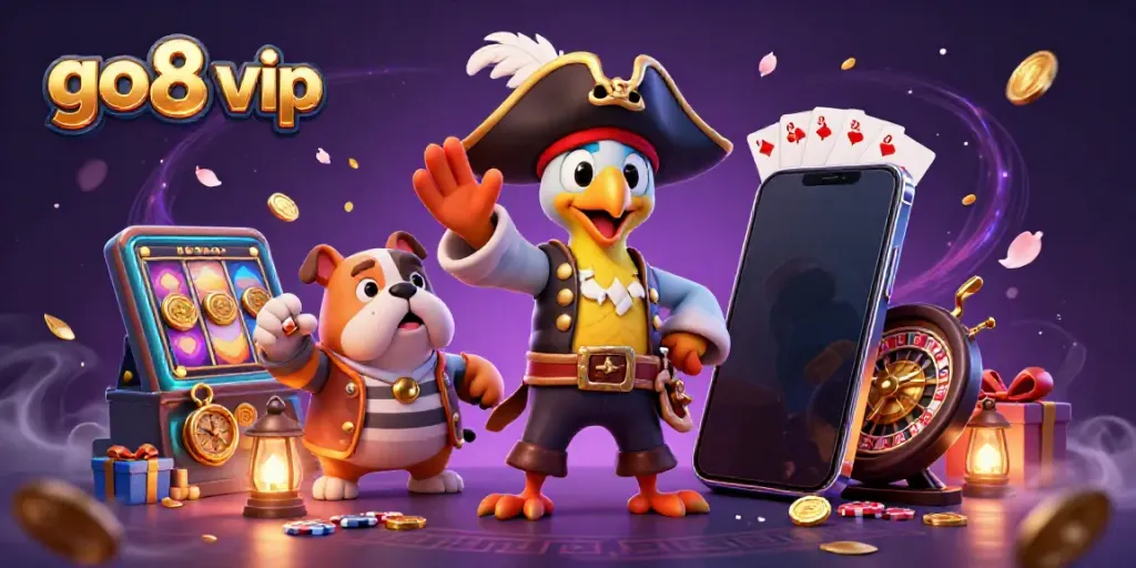 Experience the excitement of go8 vip with interactive slot games and engaging characters in a vibrant casino scene.