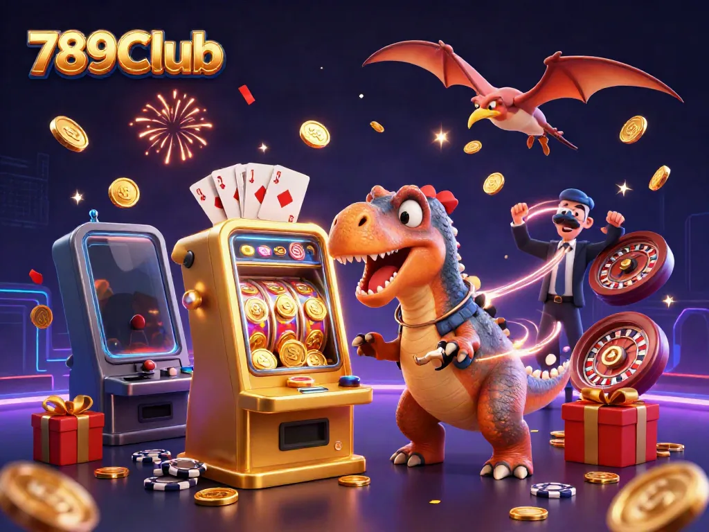789Club's thrilling scene of a dinosaur winning jackpots at a vibrant casino setting.