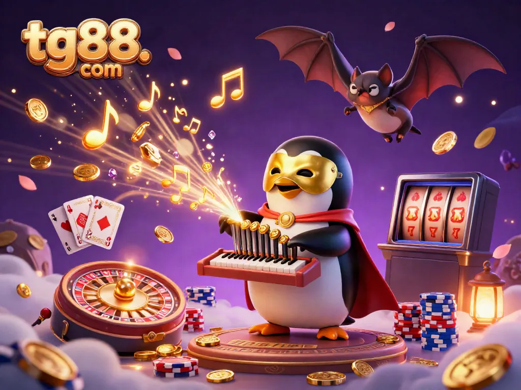 Immerse yourself in the thrilling action at tg88. com with this 3D casino scene featuring a penguin playing a coin-spewing organ.