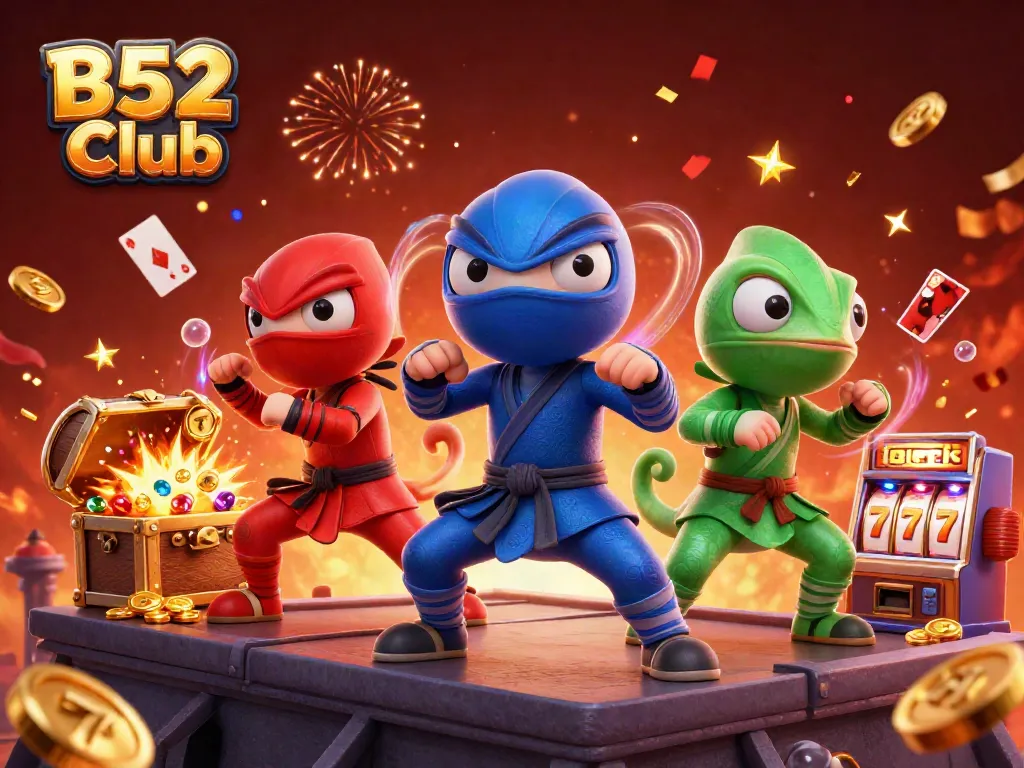 Witness the excitement of B52 Club with ninja chameleons engaging in dynamic gambling action.