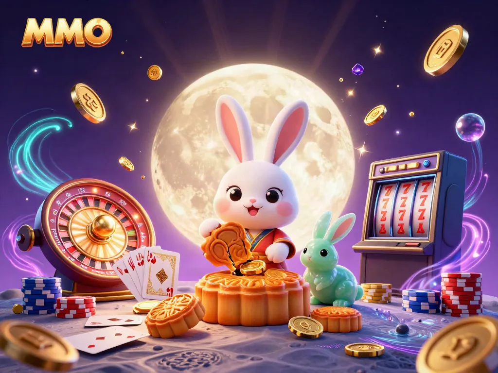 MMOO rabbit character reveals poker chips in a vibrant 3D casino scene full of exciting gambling elements.