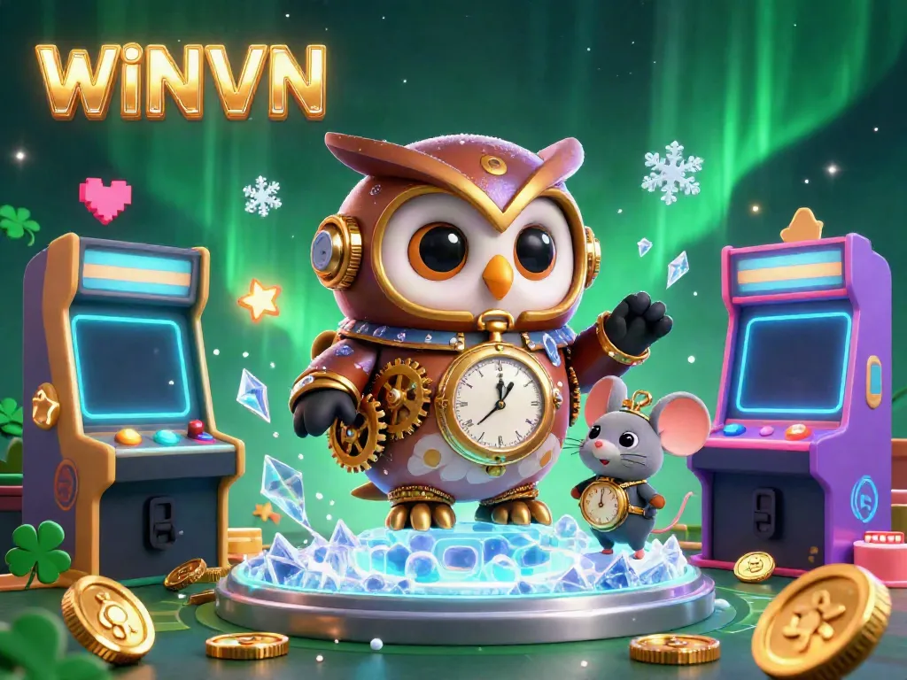 WINVN offers thrilling casino gameplay where a time-traveling steampunk owl and clockwork mouse explore vibrant gaming adventures.