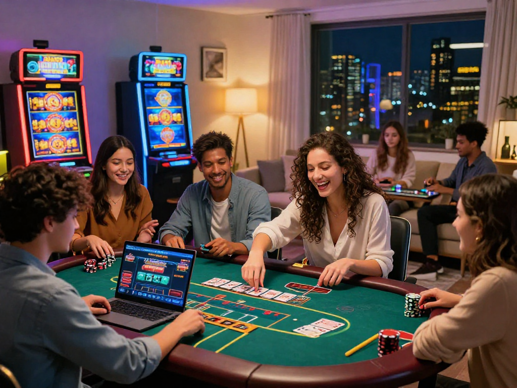 Giocatrice entusiasta di casino italiani non AAMS mentre si diverte in un elegante salotto virtuale con giochi dal vivo e offerte promozionali.