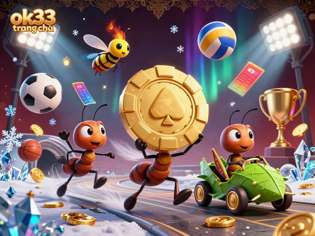 Watch a team of ants execute their heist while carrying a gigantic poker chip in this vibrant ok33 trang chủ themed illustration.