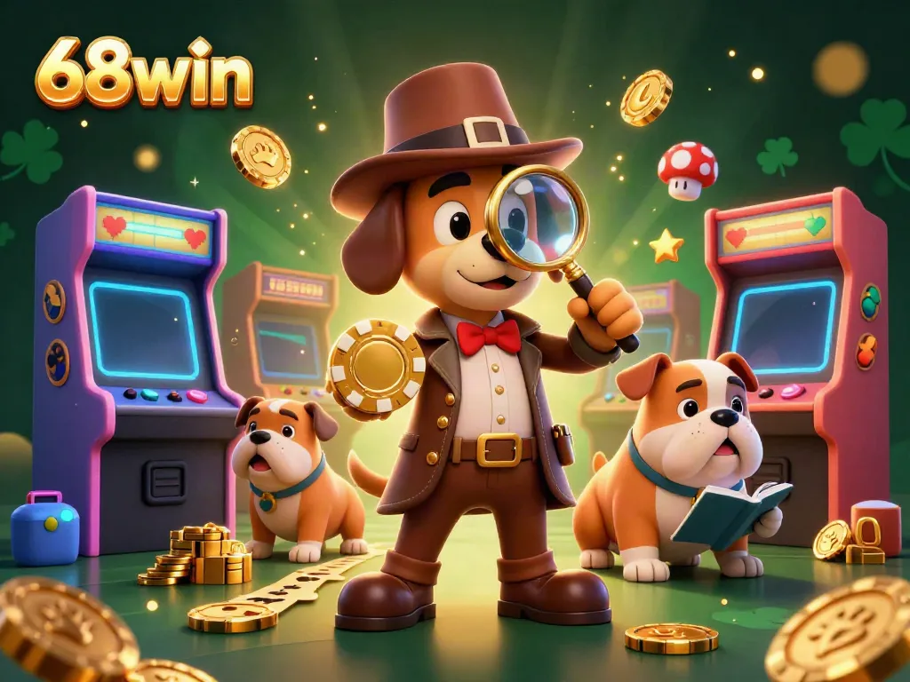 Engage with 68win as a detective dog investigates poker clues amidst vibrant casino games.