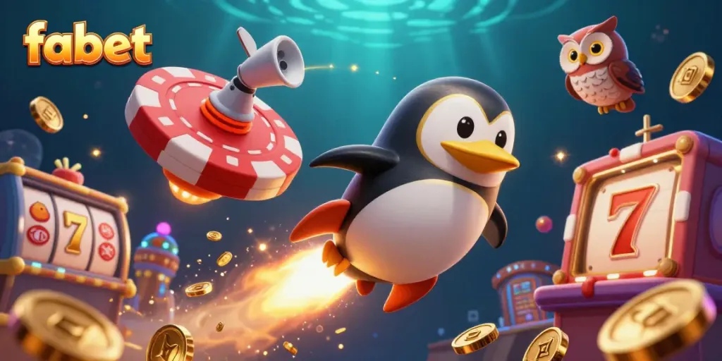 Experience high-stakes action with fabet's engaging casino-themed scene featuring a golden penguin and gambling elements.