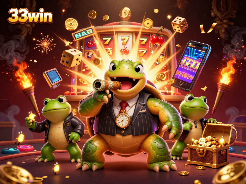 Experience 33win like never before with this vibrant 3D illustration featuring a turtle in a suit and jackpots.