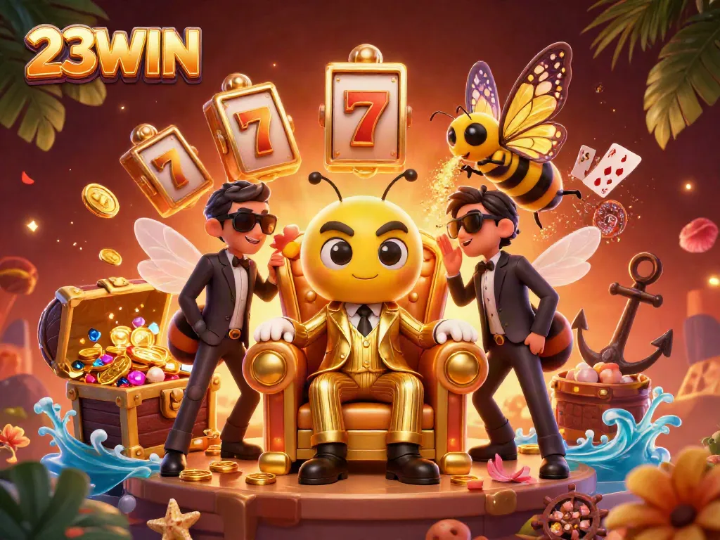 Experience 23WIN's dazzling casino world with vibrant slot reels and a charming bumblebee mob boss.