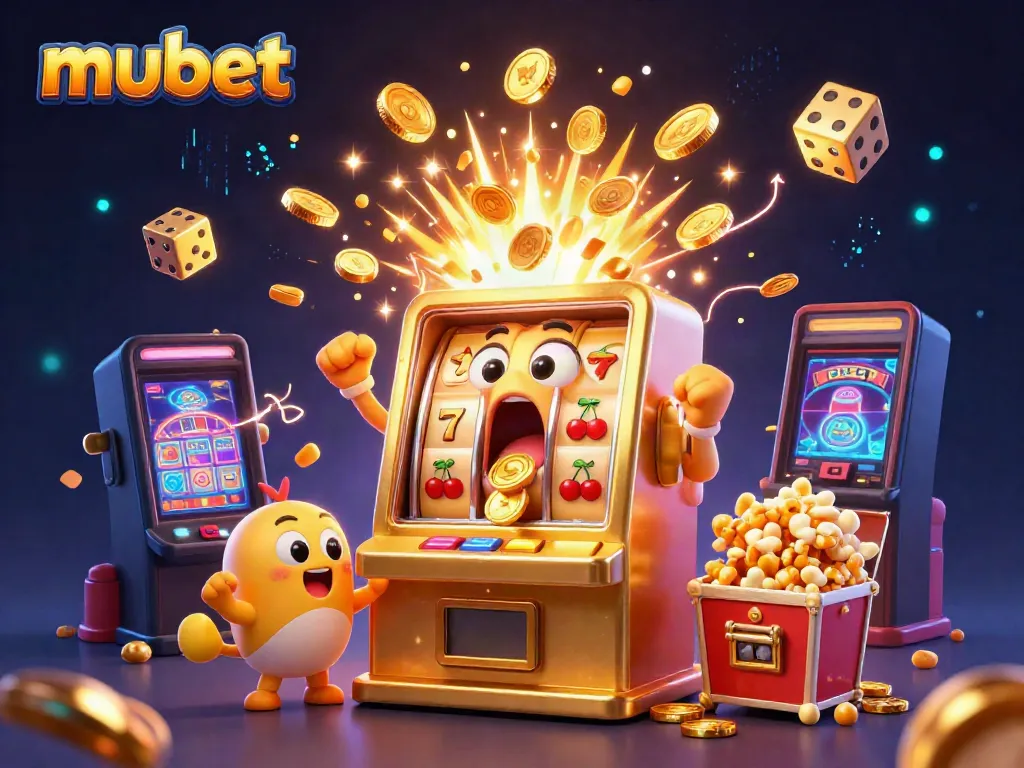 Experience jubilation with mubet as a golden slot machine hits a jackpot showering coins and cheers