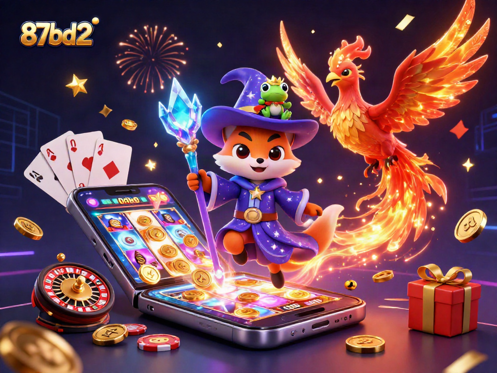 Engage with 87bd2's enchanting wizard fox and vibrant casino elements in this captivating 3D scene.