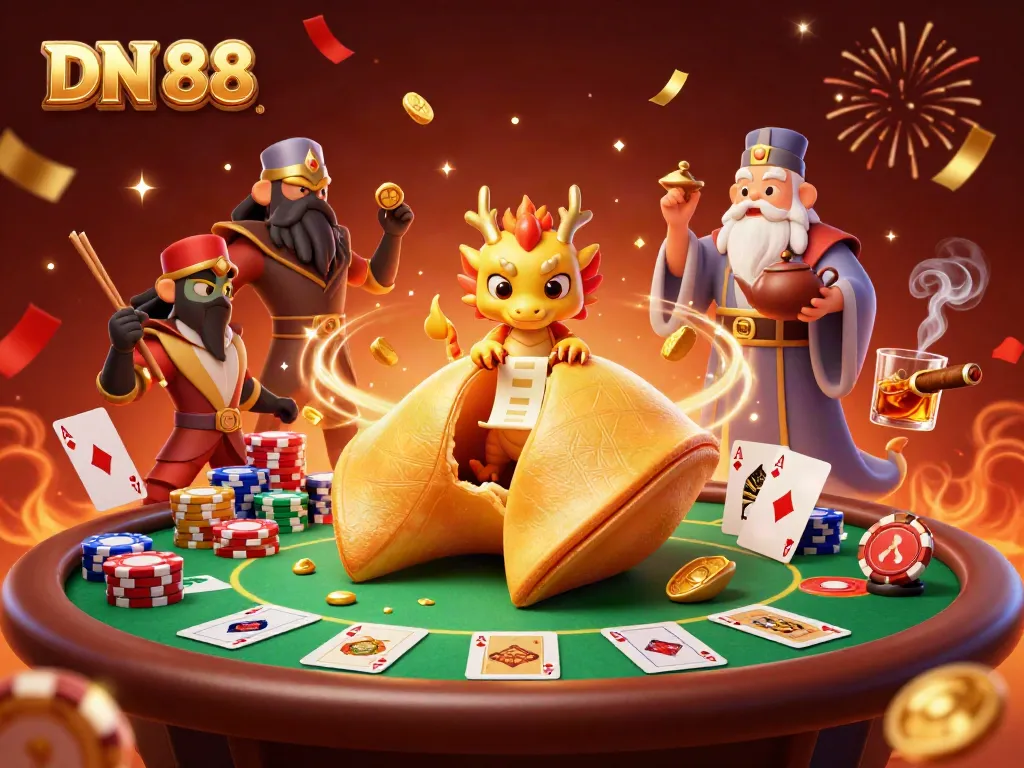 Experience the excitement of DN 88 with a vibrant 3D illustration featuring a golden fortune cookie and poker elements.