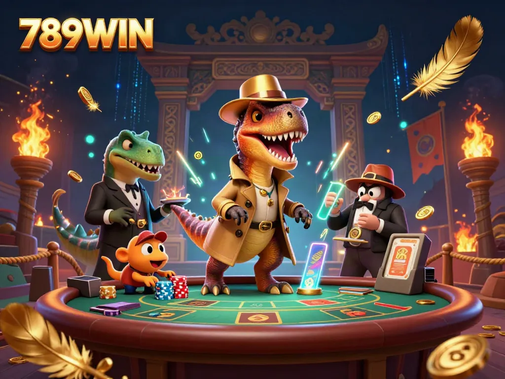 Experience the vibrant energy of 789WIN with dynamic characters and casino elements in this exciting illustration.